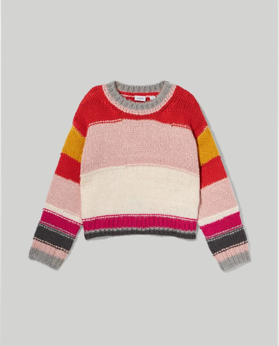 "Blukids Girls' Striped Crew Neck Tricot Wool Blend Sweater for Children"