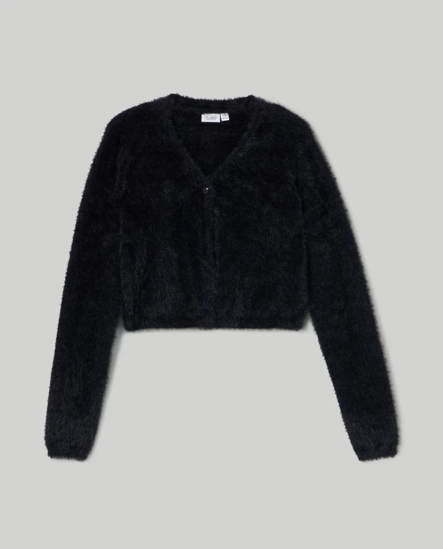 Blukids Youth Cardigan with Soft Fur Effect Yarn for Girls - Cozy Knit Sweater