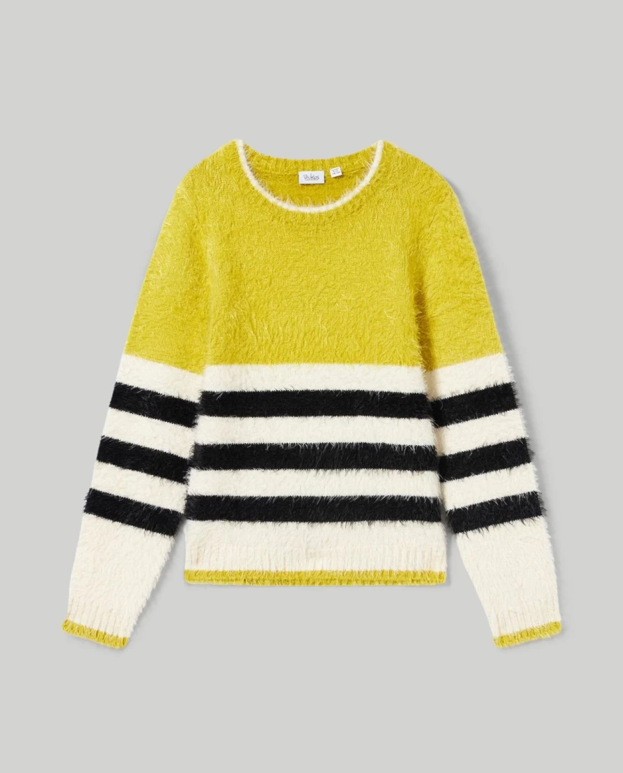 "Blukids Youth Striped Tricot Sweater with Faux Fur Effect Yarn for Girls"
