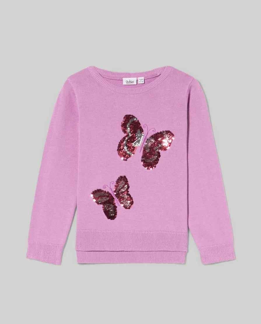 Blukids Girls' Pure Cotton Crewneck Tricot Top with Sequins | Children's Sparkly Shirt