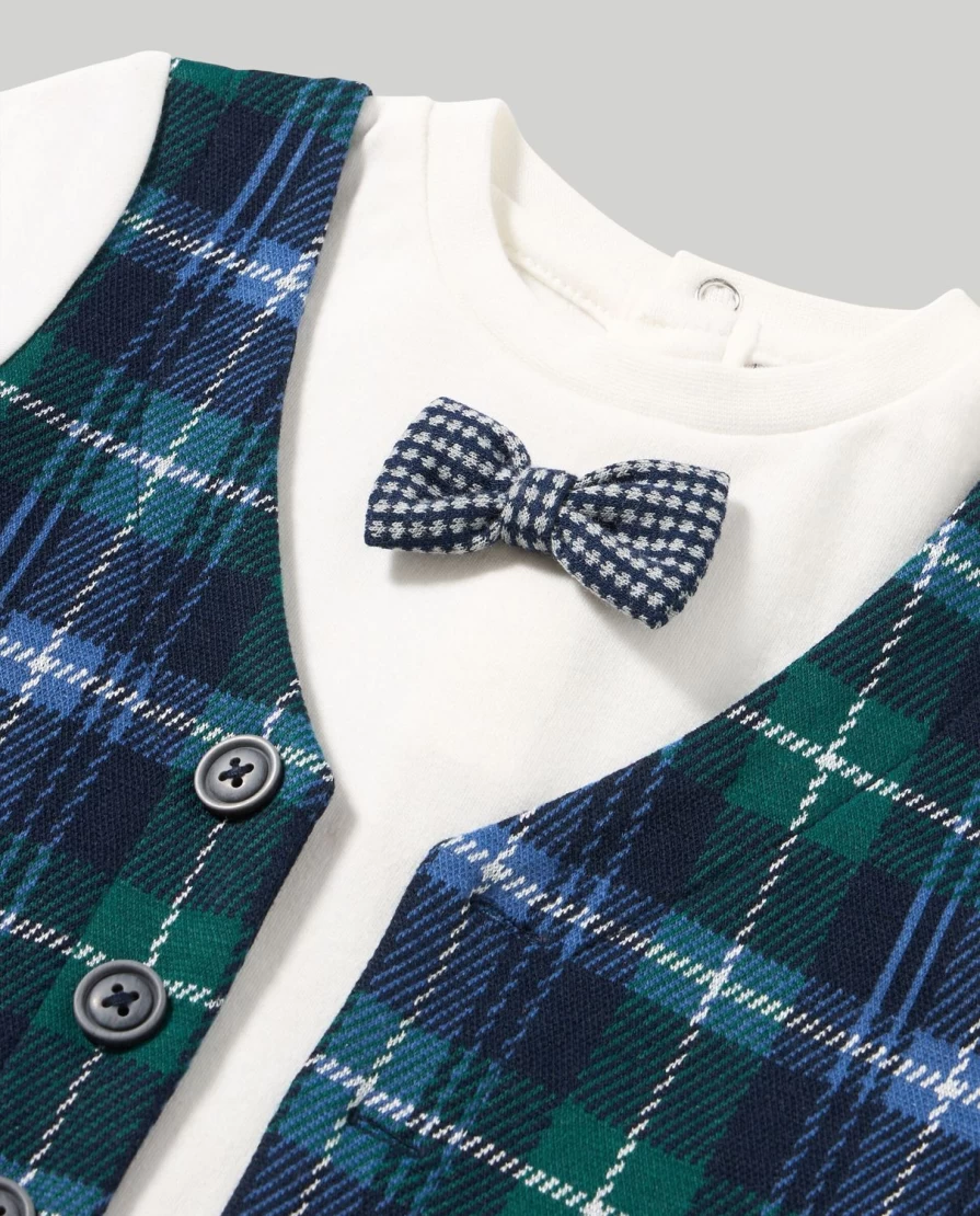 "Blukids Newborn Baby Boy Outfit - Stylish T-Shirt with Vest and Bow Tie Set"
