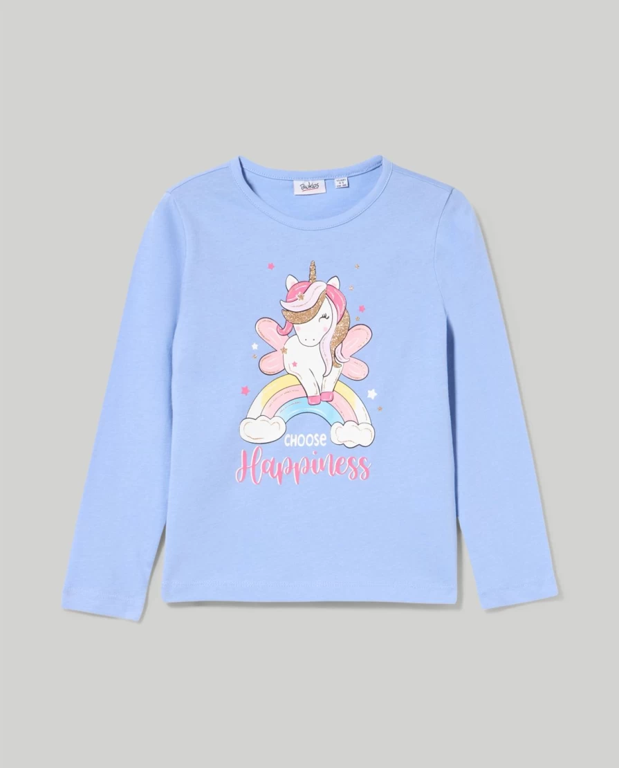 Blukids Girls' Glitter Print Pure Cotton T-Shirt | Soft & Stylish Kids Tee