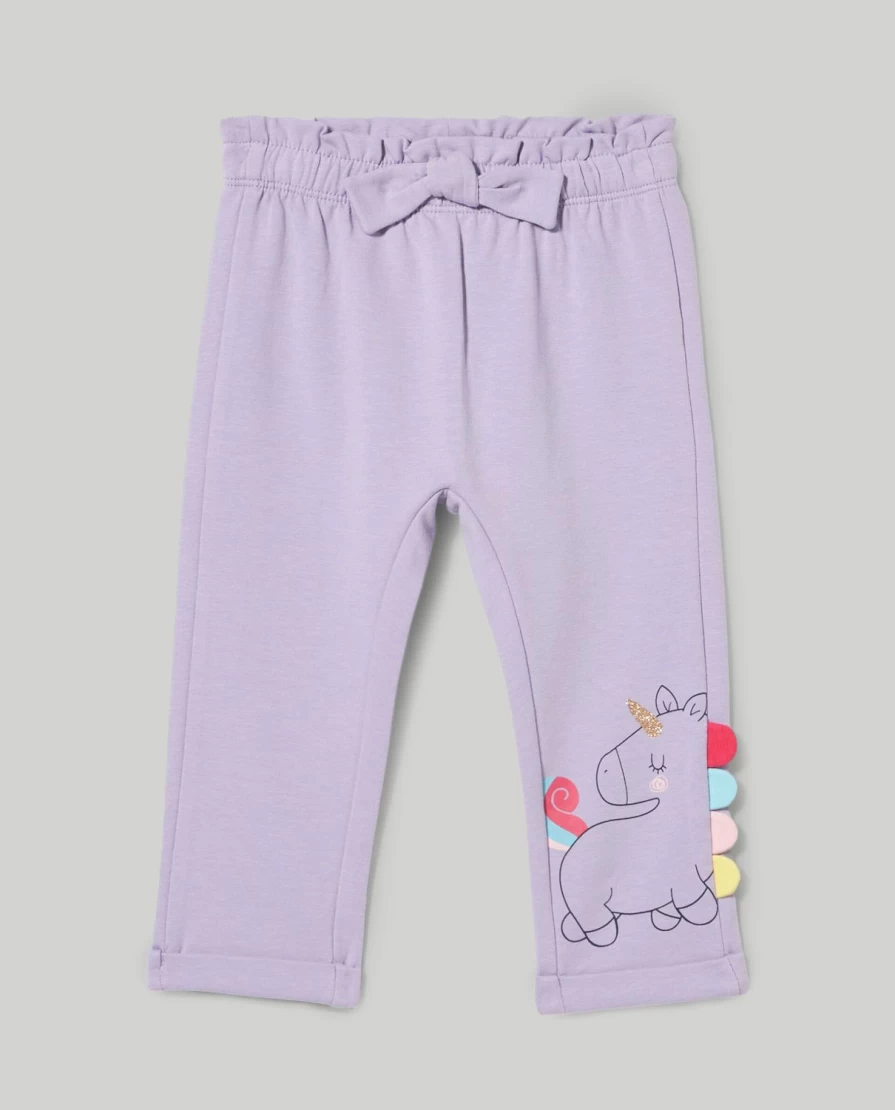 Blukids Newborn Stretch Cotton Trousers with Adorable Baby Girl Print and Embellishments
