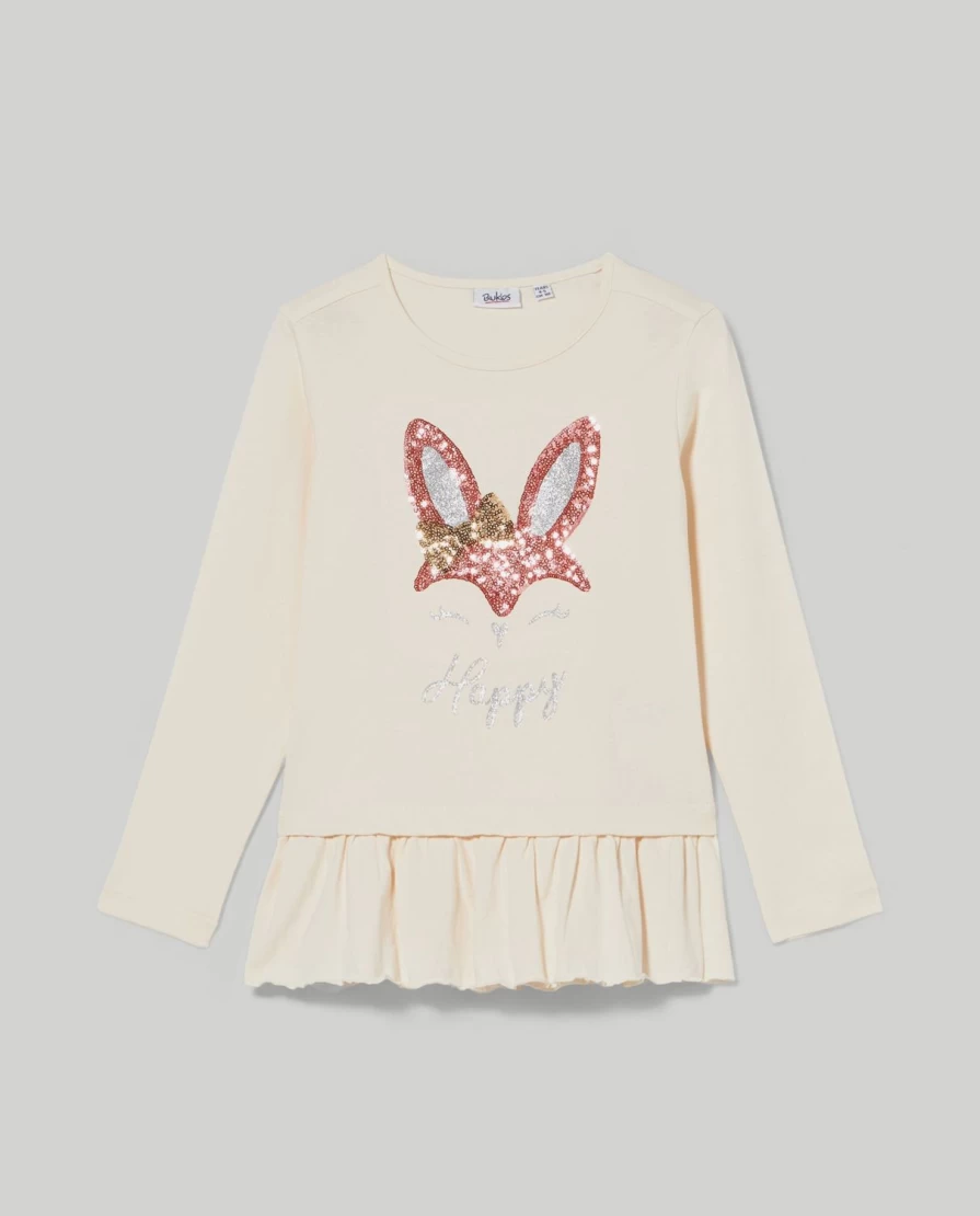 Blukids Girls' Ruffle Detail Pure Cotton T-Shirt | Soft & Comfortable Kids Tee