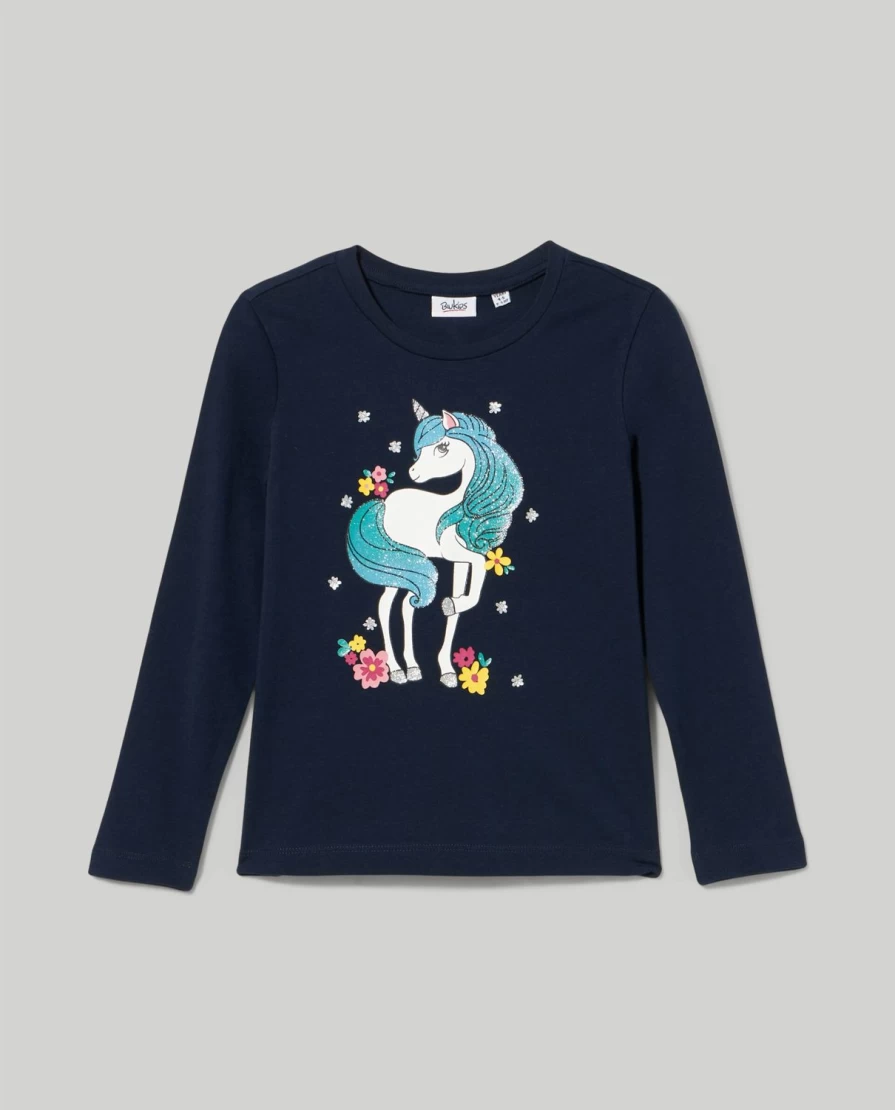 Blukids Girls' Glitter Print Pure Cotton T-Shirt - Soft & Stylish Kids Tee