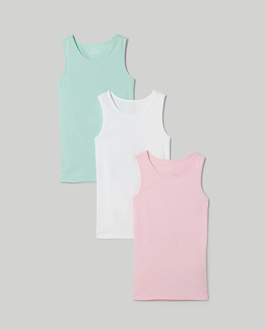 Blukids 3-Pack Girls' 100% Cotton Undershirts for Children - Soft Comfortable Sleeveless Tops