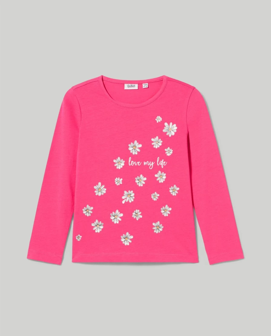 Blukids Girls' Glitter Print Pure Cotton T-Shirt | Soft & Stylish Kids Tee