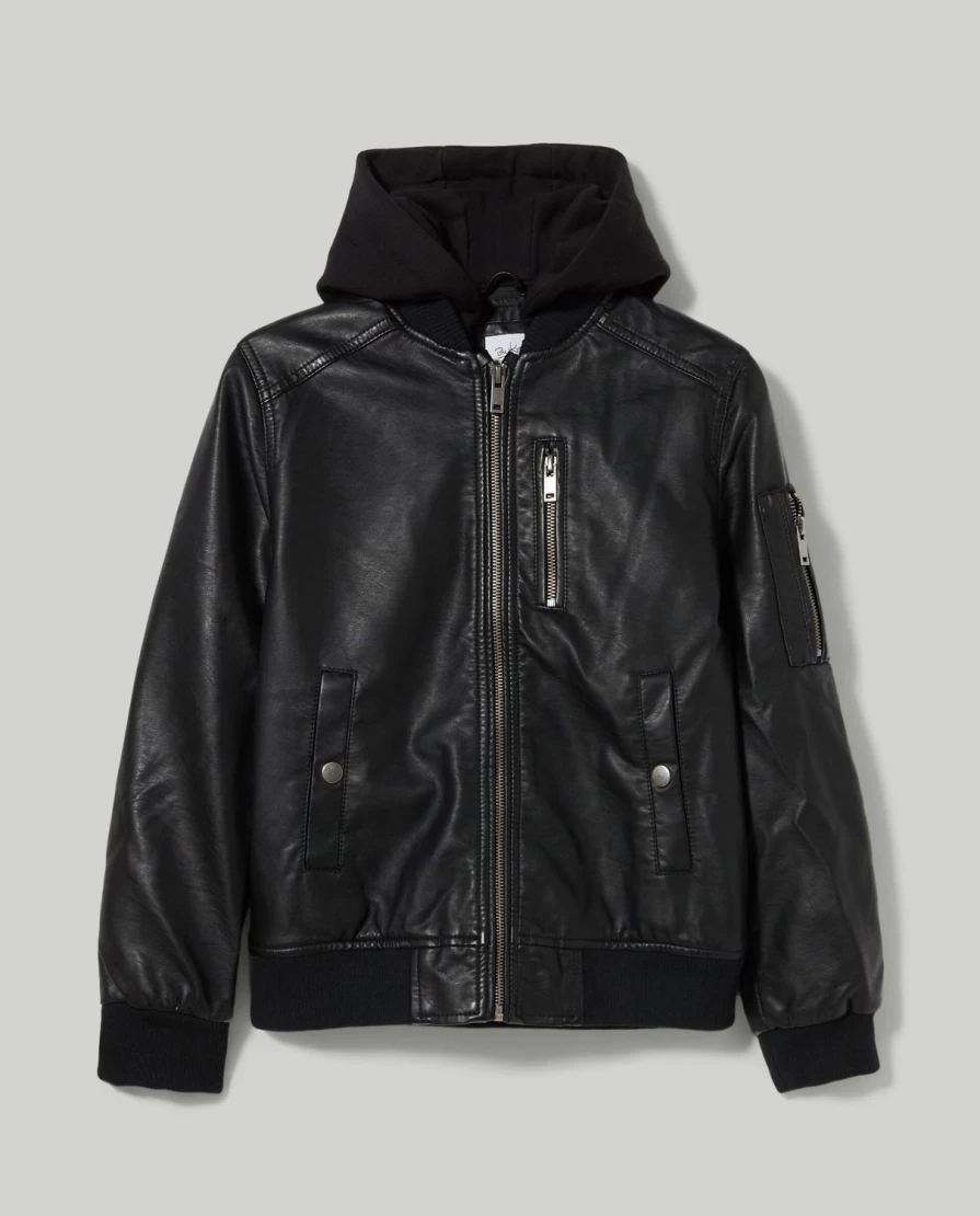 Blukids Youth Faux Leather Bomber Jacket with Detachable Hood - Stylish Outerwear for Boys