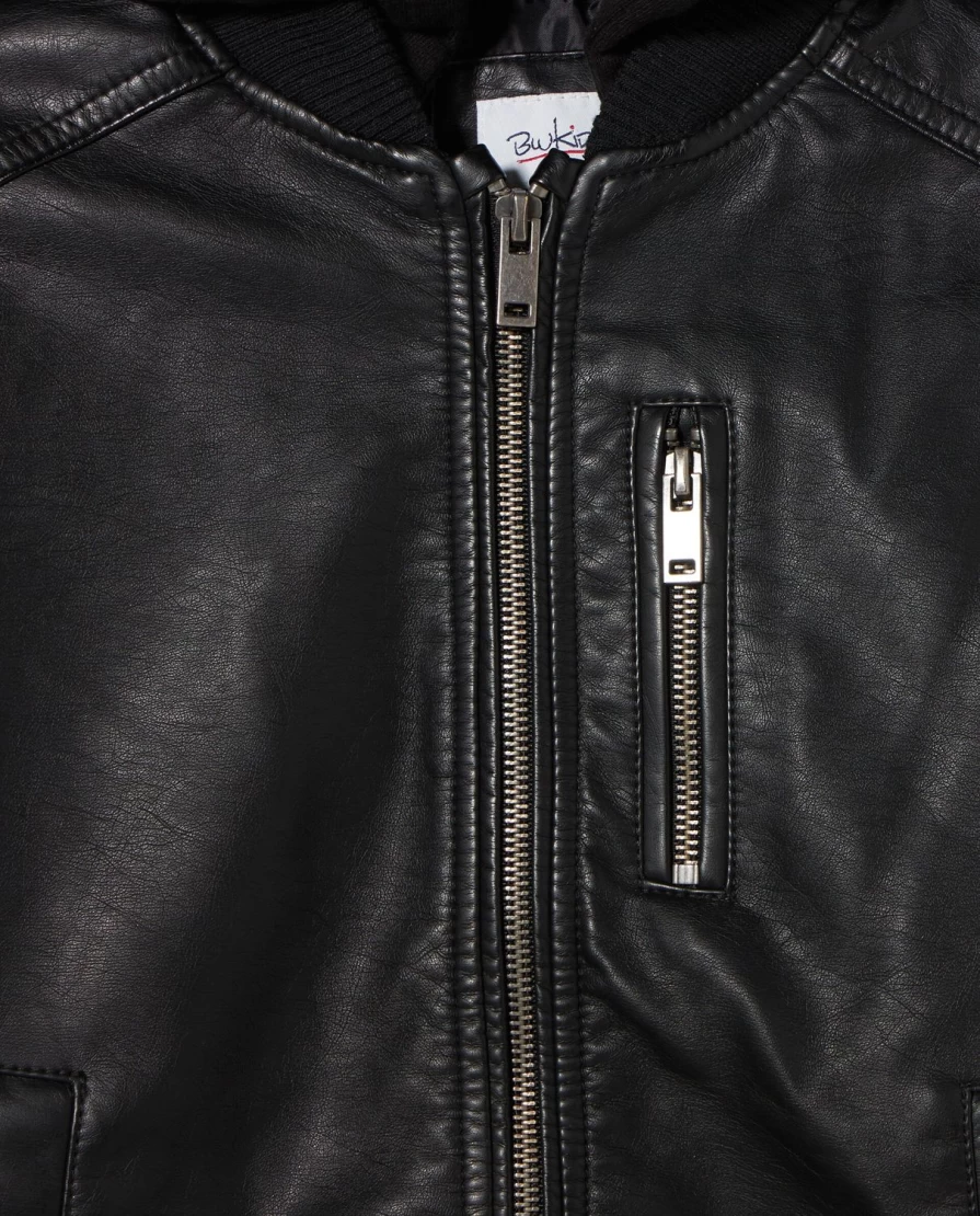 Blukids Youth Faux Leather Bomber Jacket with Detachable Hood - Stylish Outerwear for Boys