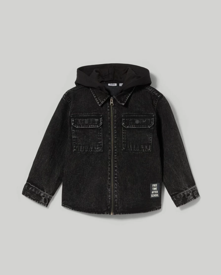 "Blukids Boys' Denim Hooded Shirt for Children – Stylish & Comfortable"
