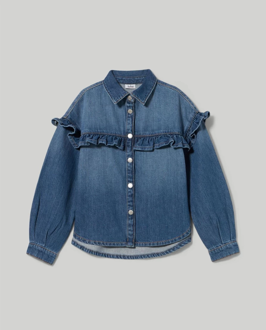 "Blukids Youth Denim Shirt with Ruffles for Girls – Stylish & Comfortable"