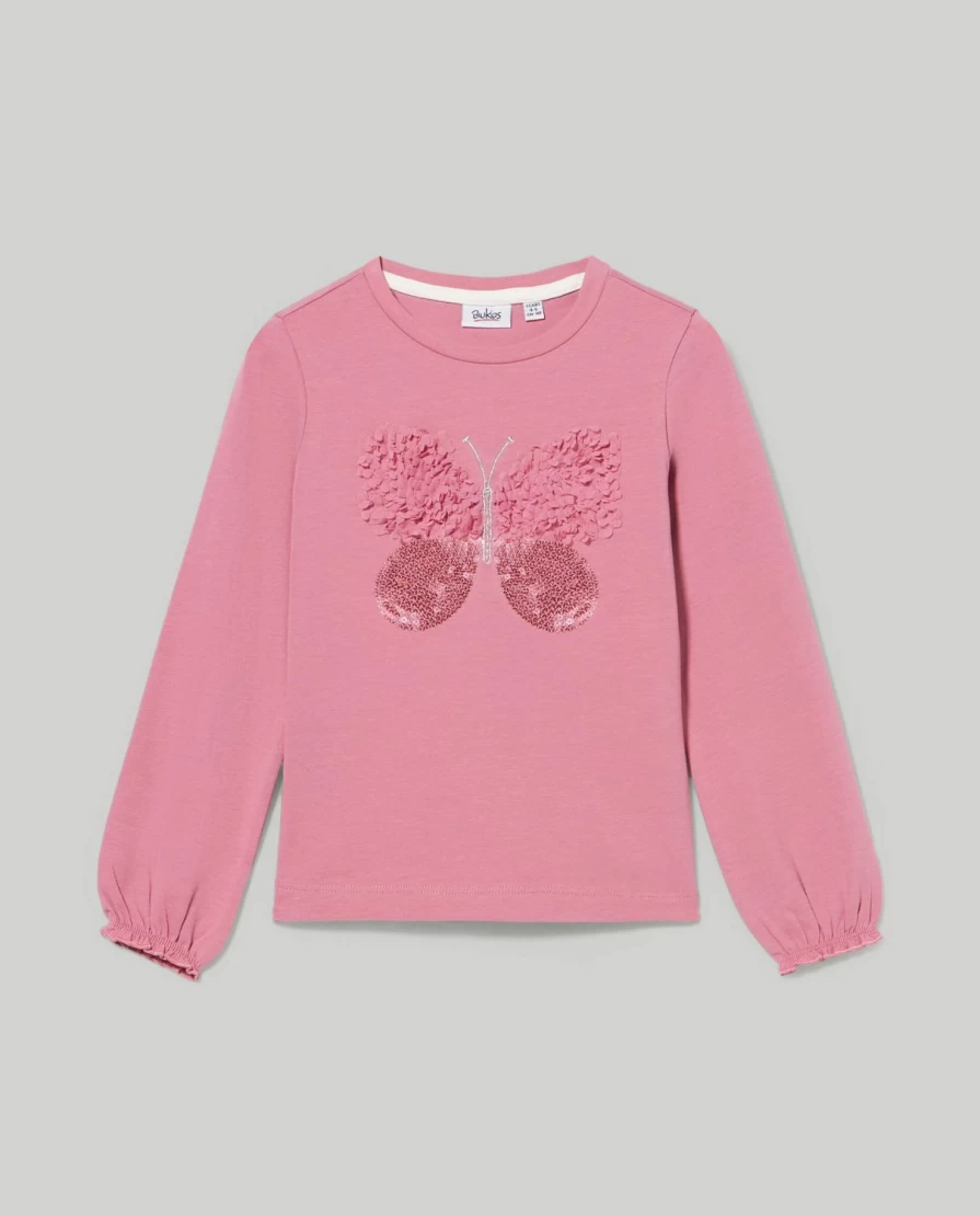 Blukids Girls' Stretch Cotton T-Shirt with Sparkling Sequins & Soft Voile Detail