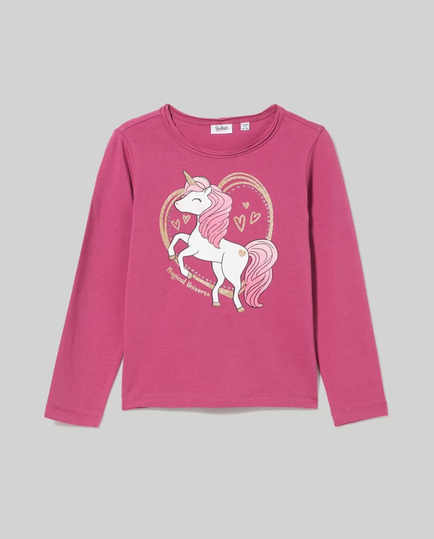 "Blukids Girls' Stretch Cotton Glitter T-Shirt – Comfortable & Stylish Kids Top"