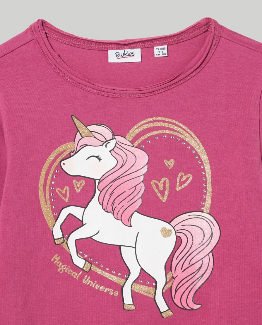 "Blukids Girls' Stretch Cotton Glitter T-Shirt – Comfortable & Stylish Kids Top"