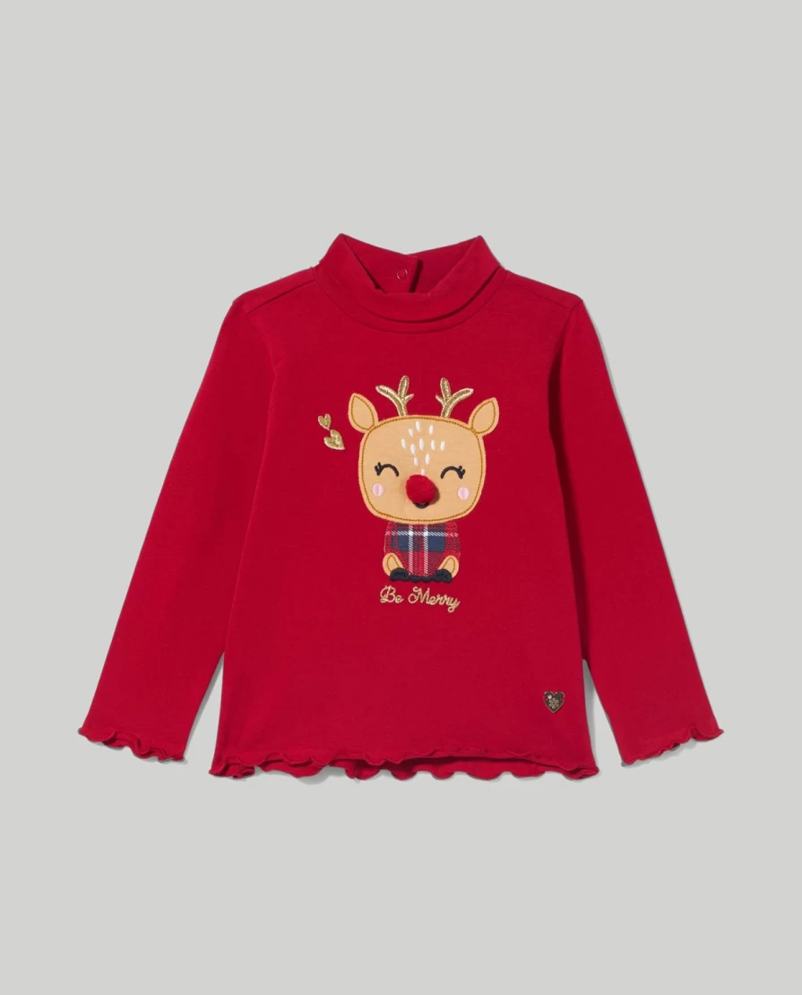 Blukids Newborn Girls Embroidered Stretch Cotton Turtleneck Top with Decorative Applications