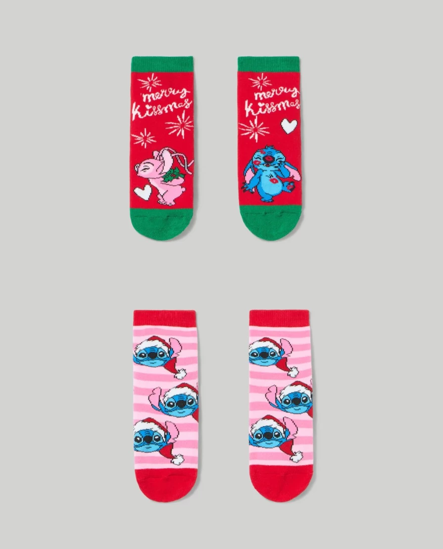 "Blukids Lilo & Stitch Kids' Christmas Socks - Pack of 2 Non-Slip Short Socks for Children"
