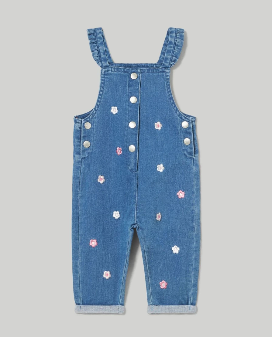 Blukids Newborn Baby Girl's Embroidered Denim Overalls